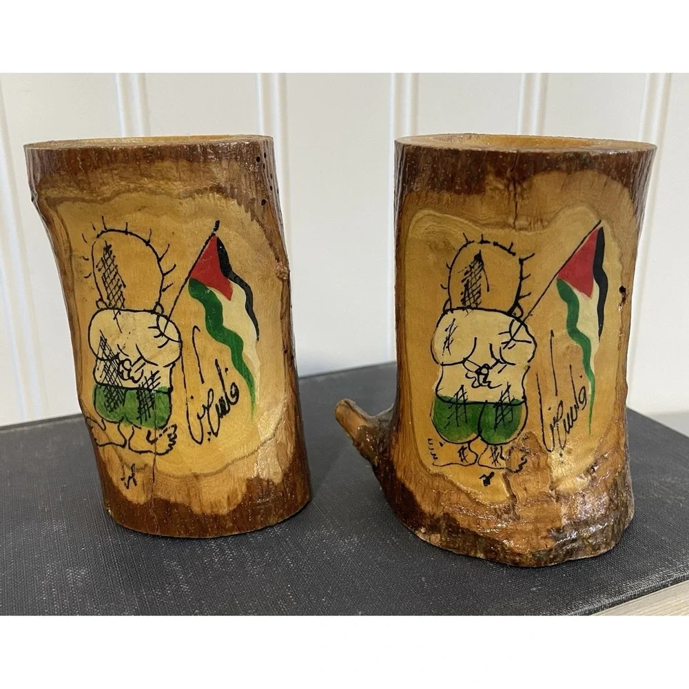2 Small Wooden Masterpiece Palestinian Flag handmade painted candle holder‎